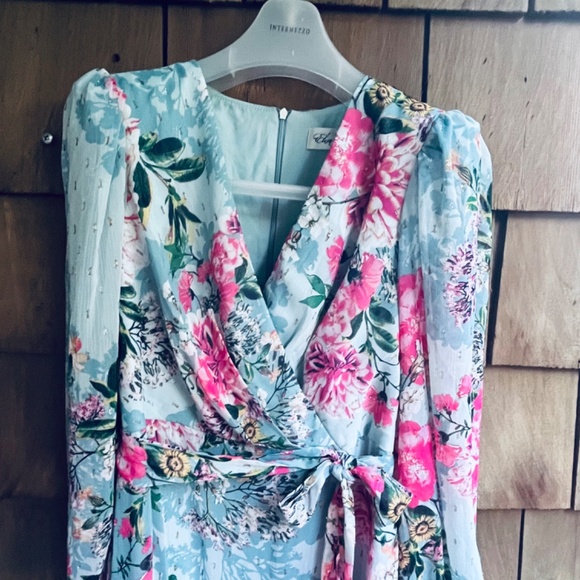 Eliza J Floral Metallic Surplice V Neck Long Sleeve High Low Wrap Maxi Dress 6 - Picture 5 of 16